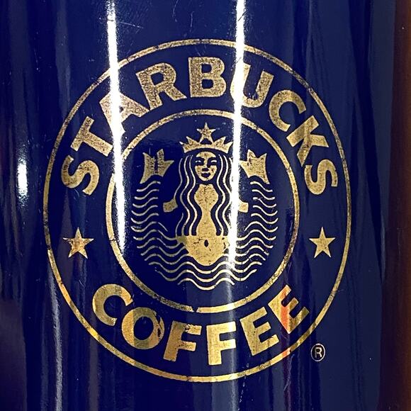 Vintage Cobalt‎ Blue Retired Starbucks Gold Mermaid Logo 10 oz Coffee Mug Japan - Picture 6 of 9
